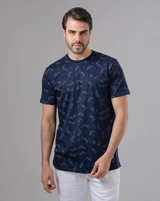 ROUND NECK PATTERNED T-SHIRT - NAVY