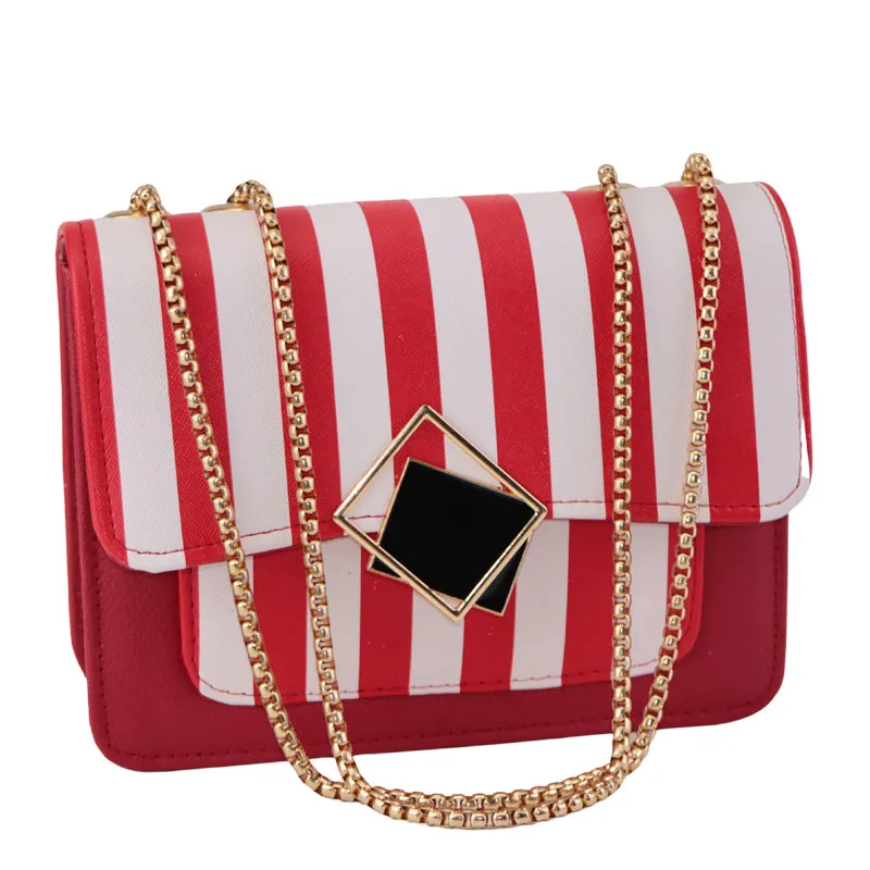 Stylish Striped Purse with Gold Chain and Black Square Pendant