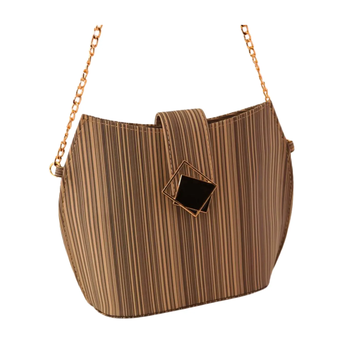 Stylish Striped Shoulder Purse with Gold Chain and Square Buckle