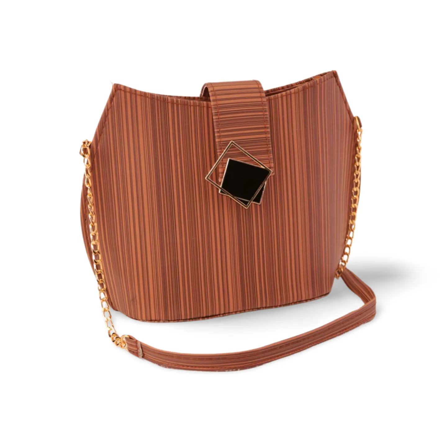 Stylish Striped Shoulder Purse with Gold Chain and Square Buckle