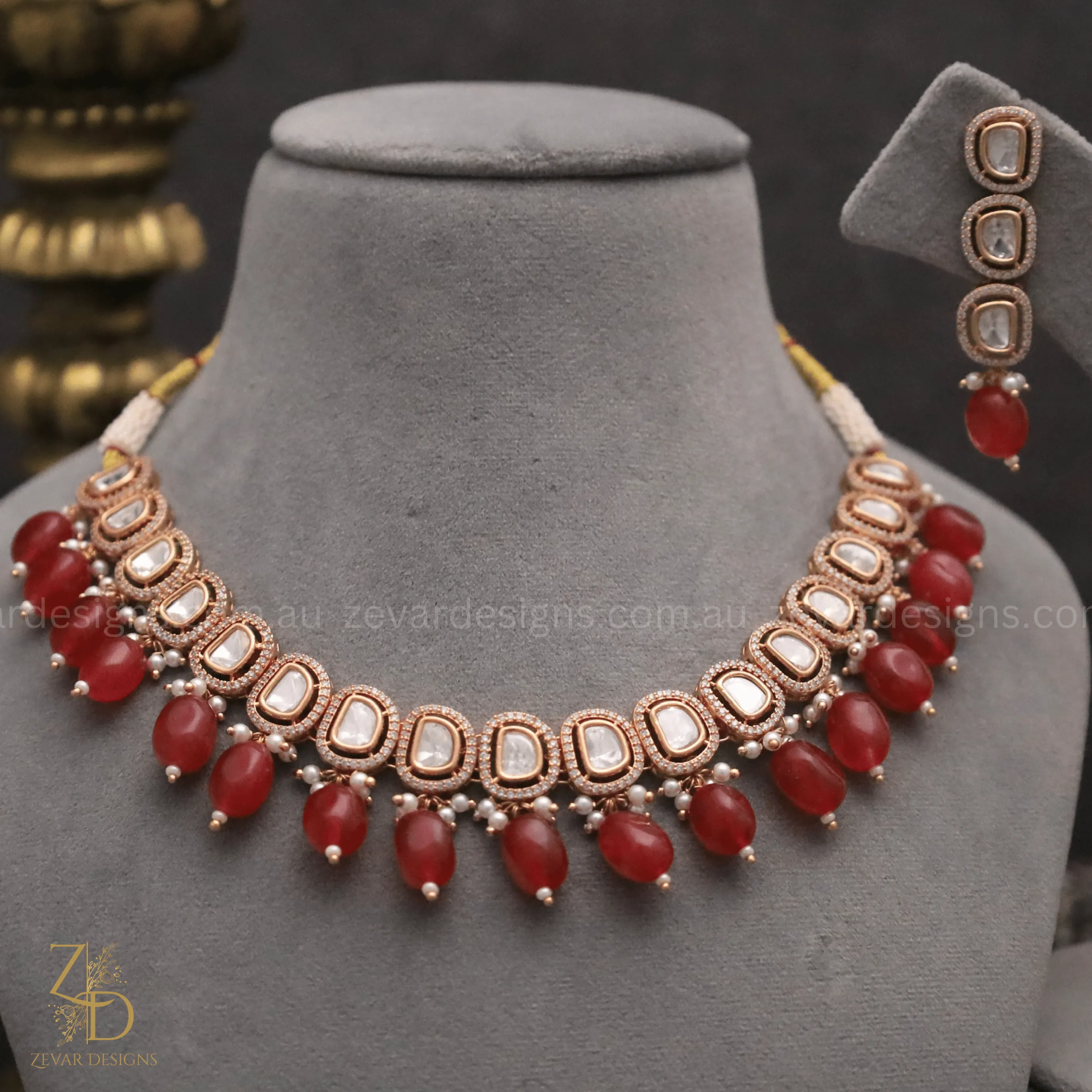 Uncut Polki Lightweight & Stylish AD Necklace Set - Ruby Red