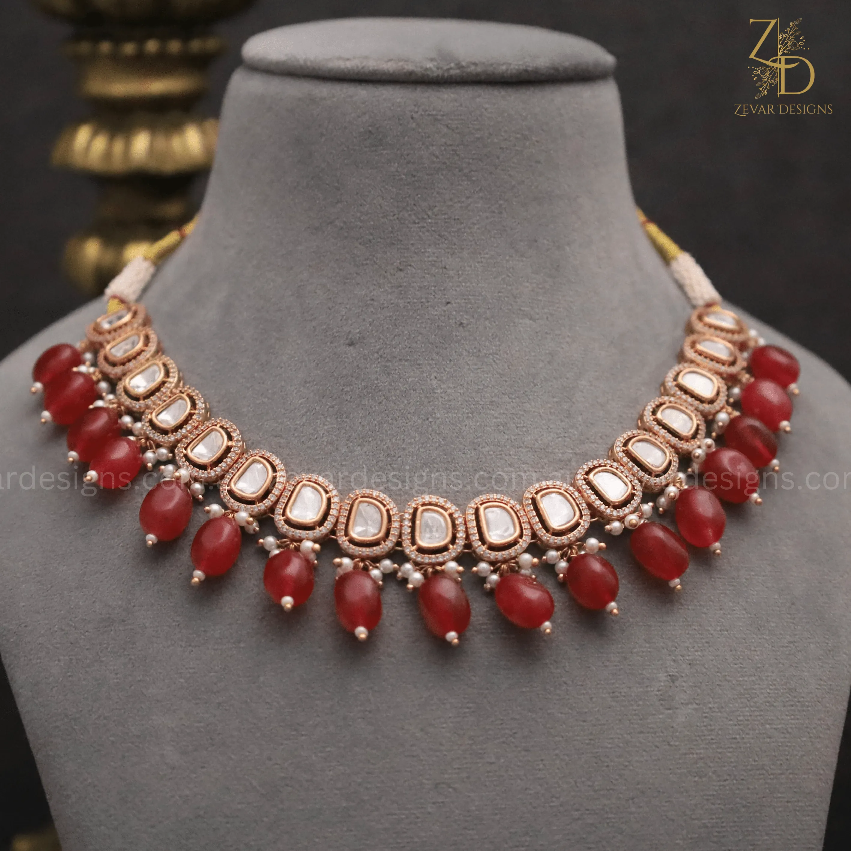 Uncut Polki Lightweight & Stylish AD Necklace Set - Ruby Red