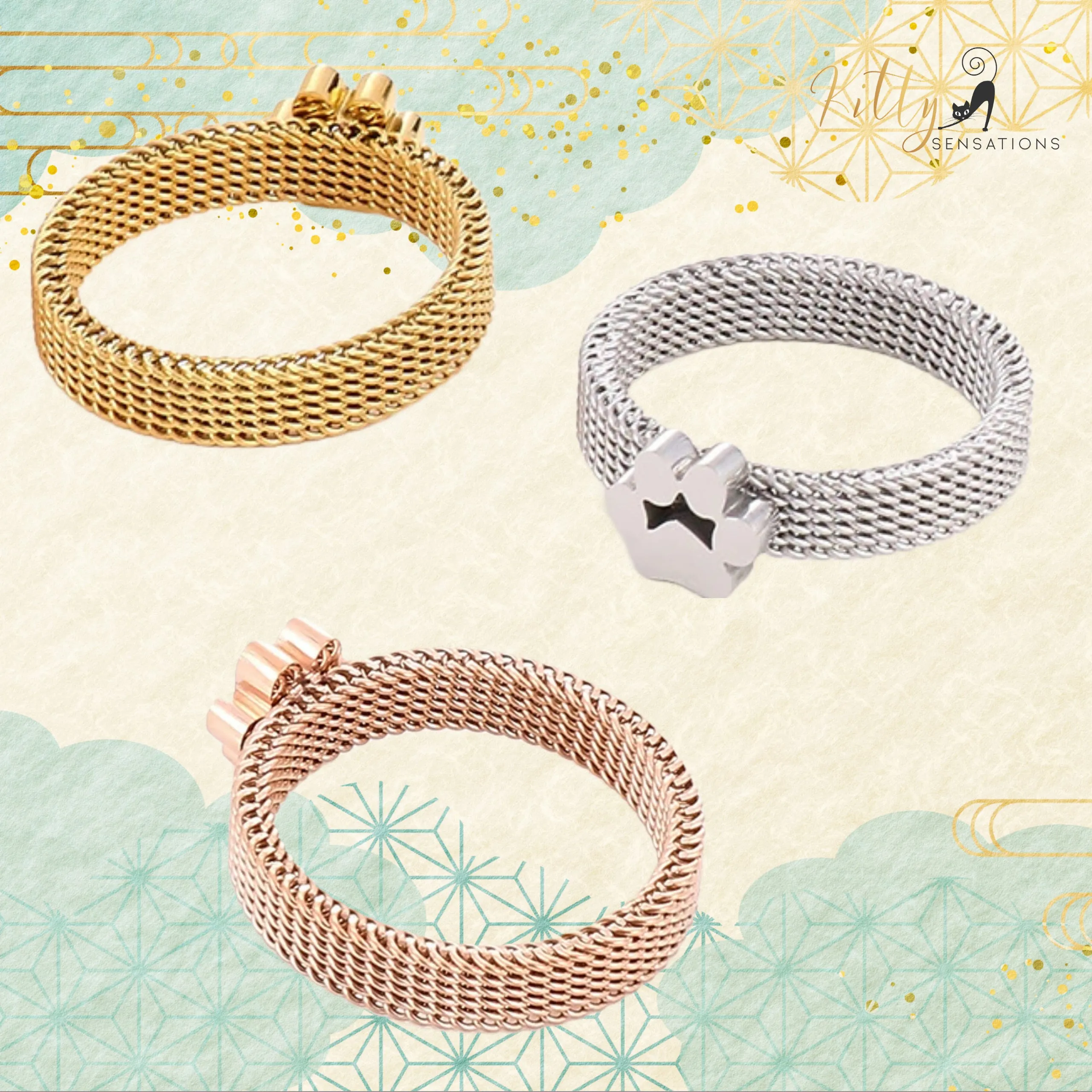 Very Stylish, Mesh Band Cat Paw Ring (Gold, Silver, or Rose Gold)