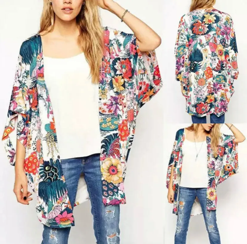 WOMEN FLORAL LOOSE LACE KIMONO BLOUSE